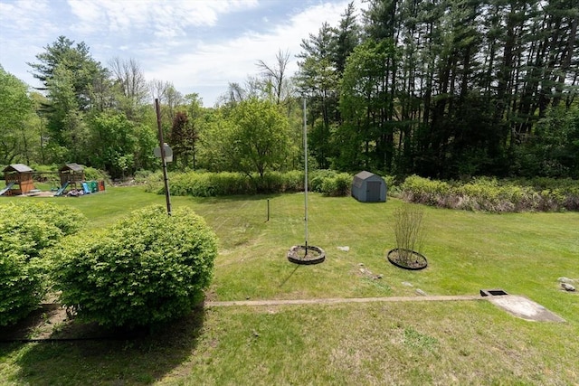 view of grassy yard with a storage shed, a playground, and an outdoor structure