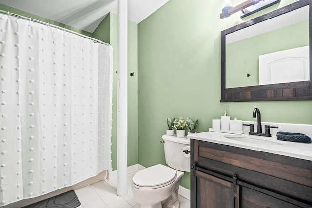 bathroom with tile patterned floors, vanity, toilet, and a shower with shower curtain