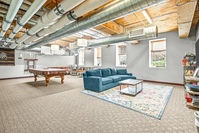 interior space with carpet floors, pool table, baseboards, and visible vents