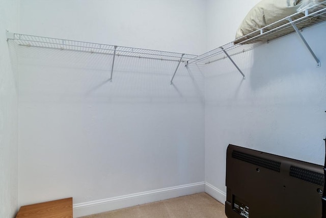 walk in closet with light colored carpet