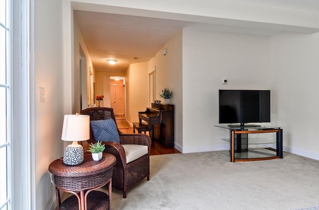 living room with baseboards and carpet floors