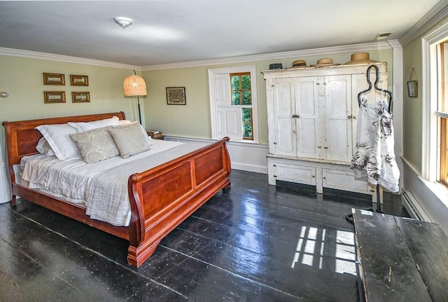 bedroom with crown molding, baseboards, and visible vents