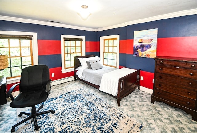 carpeted bedroom featuring crown molding, multiple windows, and baseboard heating