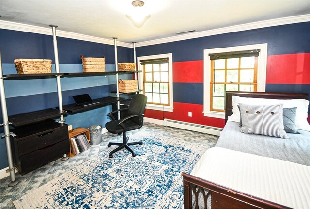 bedroom featuring baseboard heating and crown molding