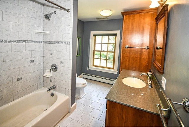 bathroom with visible vents, a baseboard radiator, bathtub / shower combination, tile patterned floors, and vanity