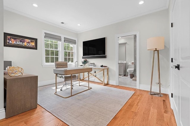 382 Lee St, Brookline, MA 02445 - home office featuring light wood finished floors, baseboards, recessed lighting, and crown molding