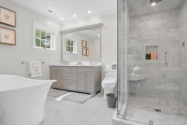 382 Lee St, Brookline, MA 02445 - full bathroom featuring double vanity, a soaking tub, ornamental molding, a stall shower, and marble finish flooring