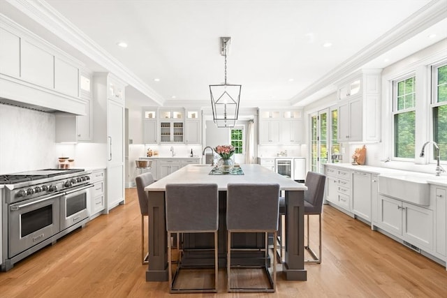 382 Lee St, Brookline, MA 02445 - kitchen with range with two ovens, a sink, an island with sink, light countertops, and crown molding