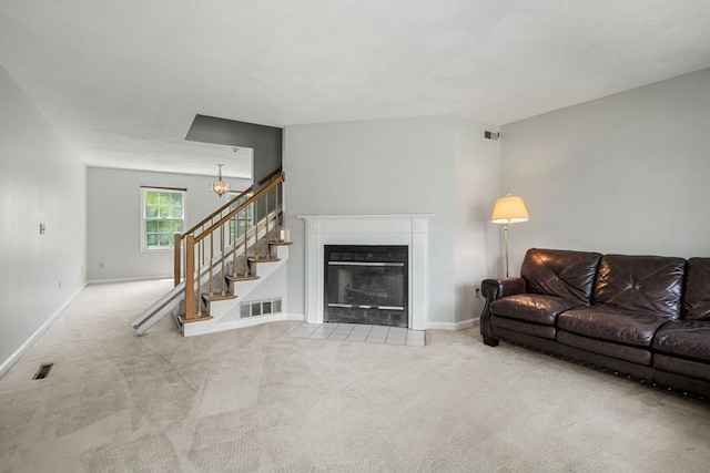 20 Ipswich Woods Dr Unit 20, Ipswich, MA 01938 - living area featuring carpet, a chandelier, stairs, and baseboards