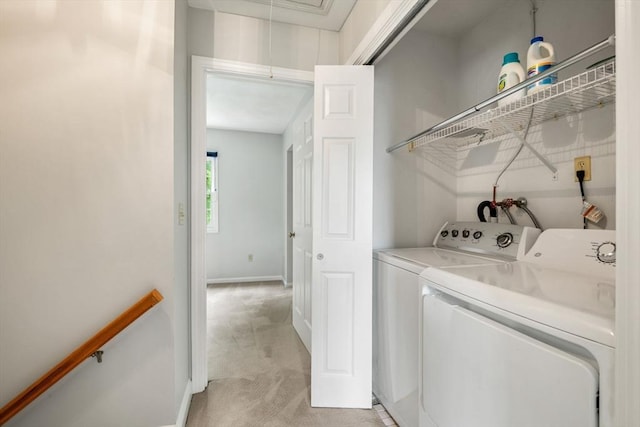 20 Ipswich Woods Dr Unit 20, Ipswich, MA 01938 - laundry room featuring washing machine and clothes dryer, light carpet, attic access, and baseboards