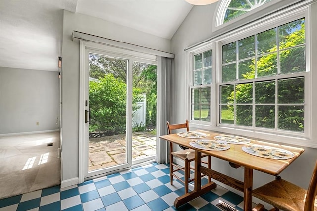 20 Ipswich Woods Dr Unit 20, Ipswich, MA 01938 - doorway with tile patterned floors, healthy amount of natural light, vaulted ceiling, and baseboards