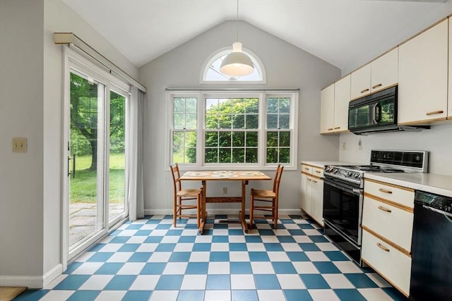 20 Ipswich Woods Dr Unit 20, Ipswich, MA 01938 - kitchen with black appliances, light floors, light countertops, vaulted ceiling, and white cabinets