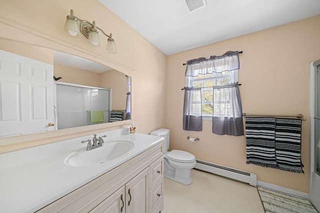 full bath featuring a baseboard radiator, vanity, toilet, an enclosed shower, and baseboards