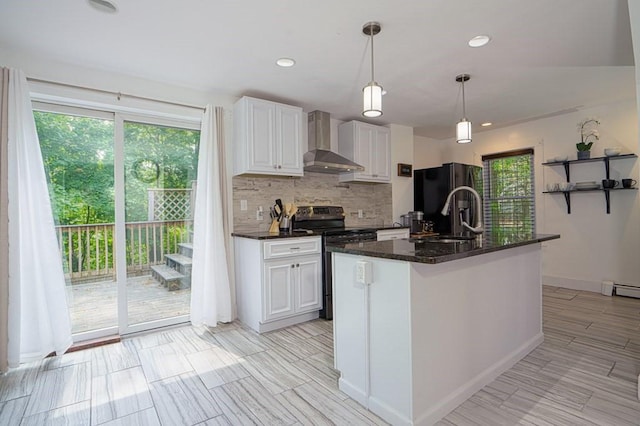 362 Commercial St, Braintree, MA 02184 - kitchen with wall chimney exhaust hood, stainless steel range with electric cooktop, freestanding refrigerator, a sink, and backsplash