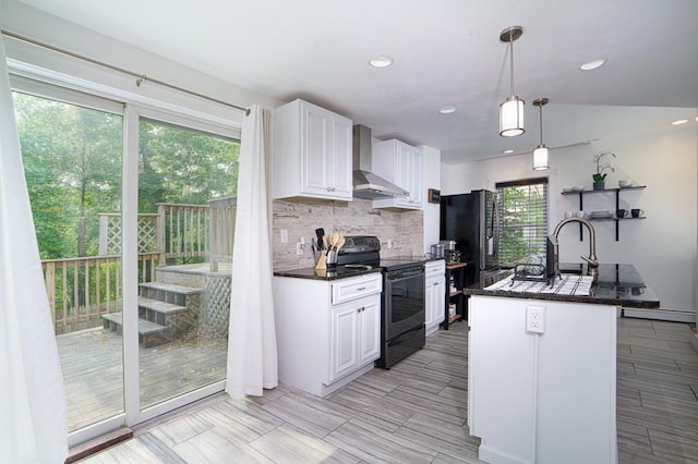 362 Commercial St, Braintree, MA 02184 - kitchen featuring black appliances, wall chimney range hood, white cabinets, backsplash, and a sink