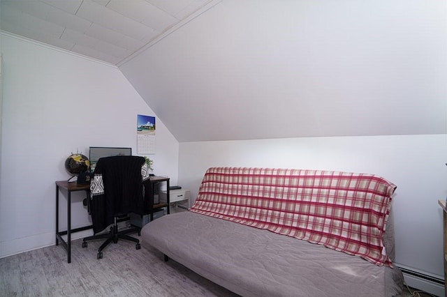 362 Commercial St, Braintree, MA 02184 - bedroom featuring baseboard heating, wood finished floors, and vaulted ceiling