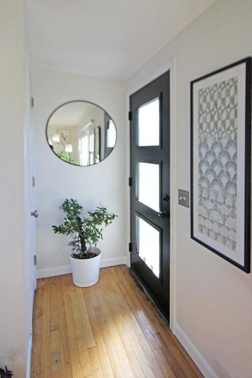 entryway featuring baseboards, plenty of natural light, and light wood finished floors