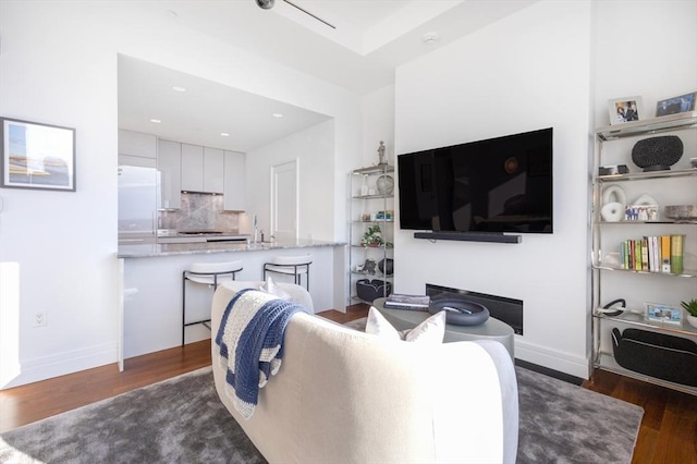 living room with dark wood-type flooring