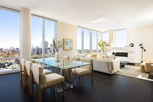 dining space with dark wood-type flooring and floor to ceiling windows