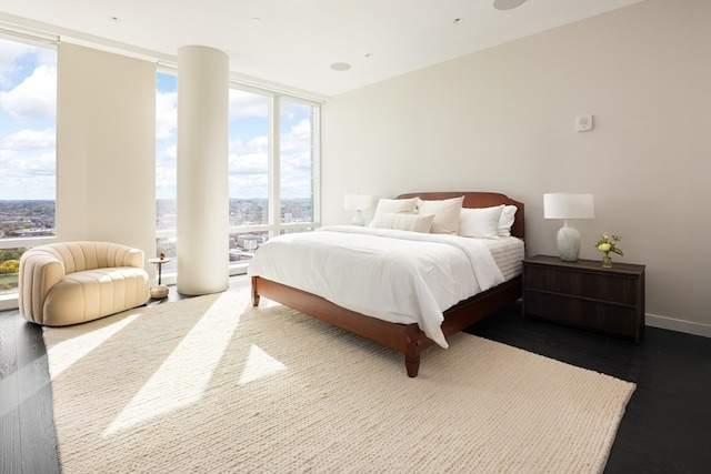 bedroom with expansive windows and wood-type flooring