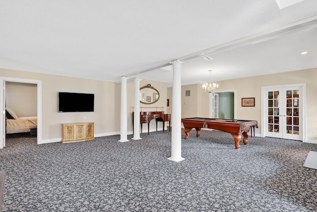 rec room featuring carpet floors, baseboards, french doors, and billiards