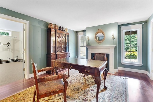 office featuring baseboards, wood finished floors, and a wealth of natural light