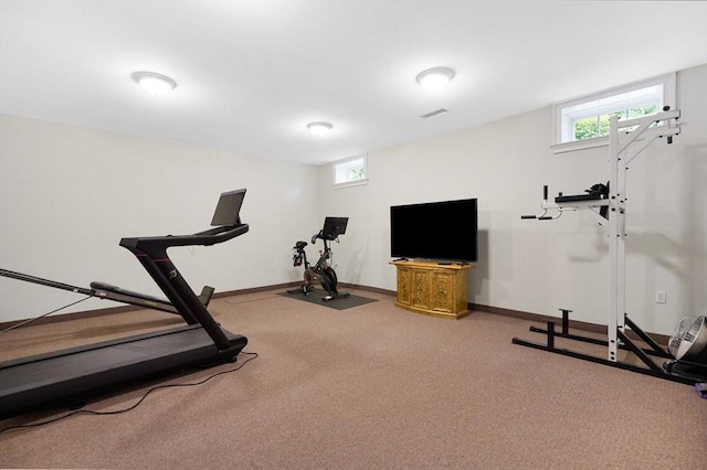 workout room with baseboards, plenty of natural light, and carpet