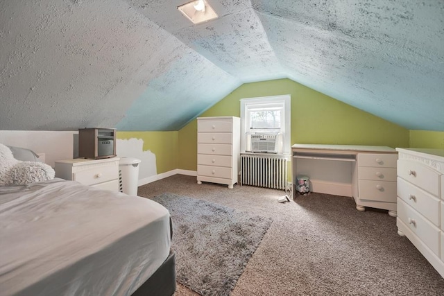 15 W St, Paxton, MA 01612 - carpeted bedroom featuring radiator, lofted ceiling, a textured ceiling, and cooling unit