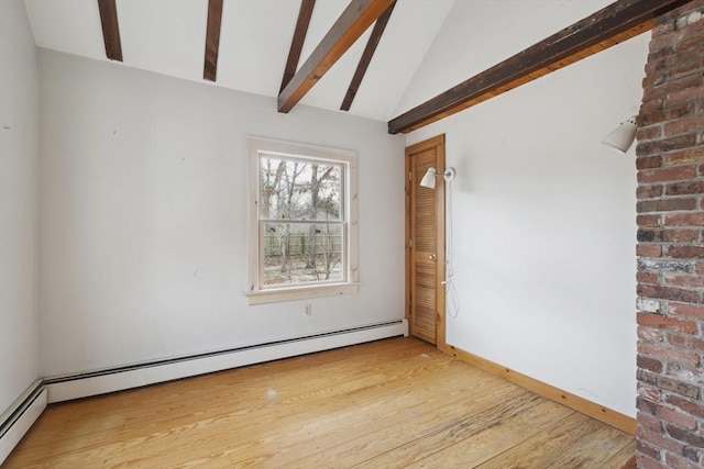 empty room featuring a baseboard radiator, vaulted ceiling with beams, baseboards, and wood finished floors