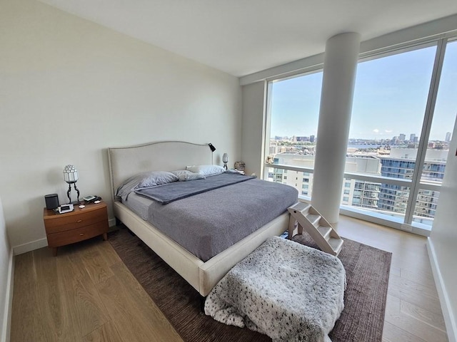 bedroom featuring floor to ceiling windows and wood-type flooring