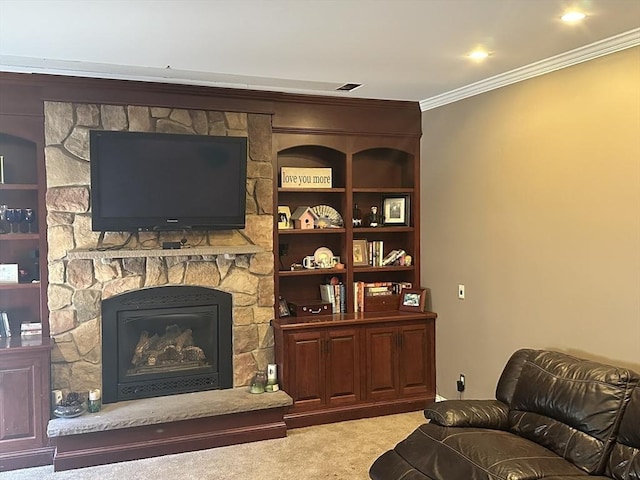 carpeted living room with ornamental molding and a fireplace