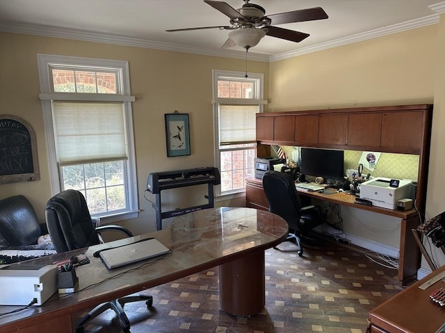 office area featuring crown molding and a ceiling fan