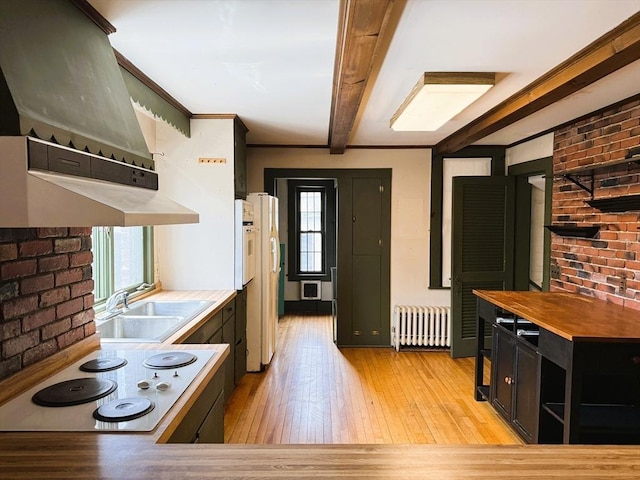 kitchen with custom exhaust hood, white appliances, radiator heating unit, a wealth of natural light, and a sink