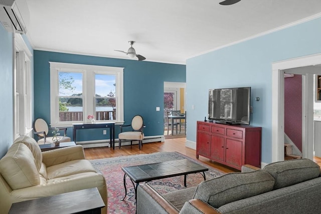 2 Howland Ave, Dartmouth, MA 02748 - living room featuring a ceiling fan, wood finished floors, crown molding, baseboard heating, and a wall mounted AC