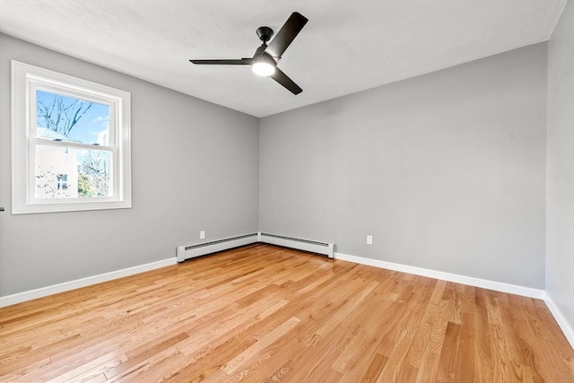 unfurnished room featuring light hardwood / wood-style floors, ceiling fan, and a baseboard heating unit