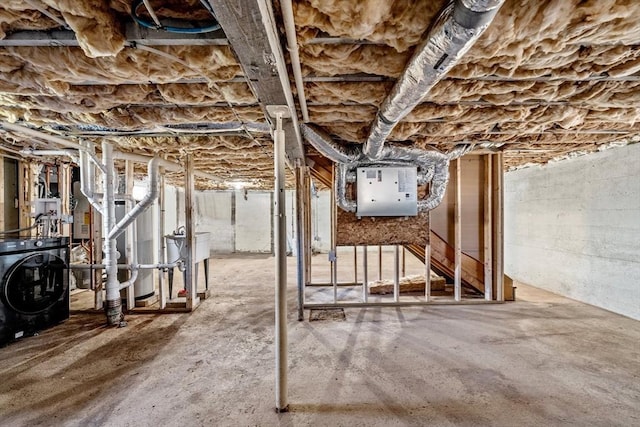 basement featuring washer / dryer and electric panel