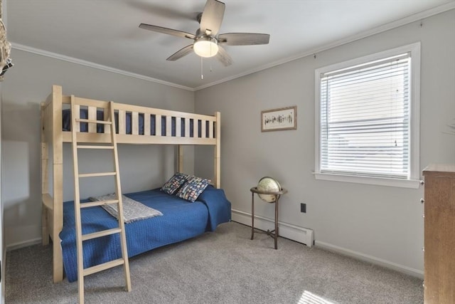 18 River St, Seabrook, NH 03874 - bedroom featuring baseboard heating, carpet flooring, ornamental molding, baseboards, and ceiling fan
