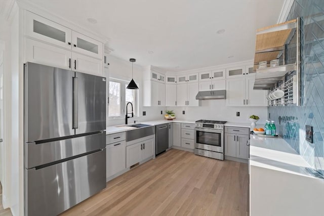 kitchen with light wood-style floors, appliances with stainless steel finishes, light countertops, under cabinet range hood, and a sink