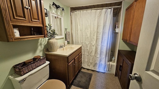 full bathroom with shower / tub combo with curtain, toilet, and vanity