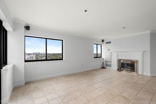 unfurnished living room featuring crown molding, a fireplace with flush hearth, baseboards, and light tile patterned flooring