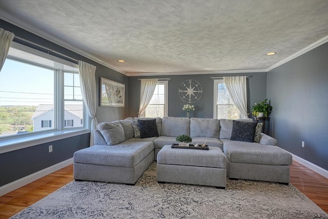 living area featuring baseboards, recessed lighting, crown molding, and wood finished floors