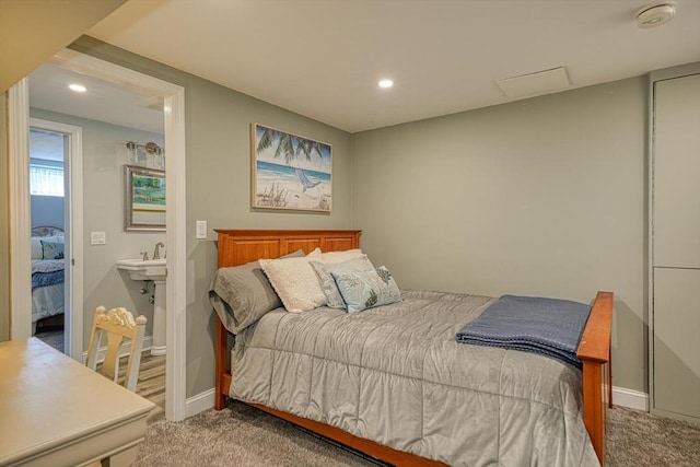 bedroom with carpet flooring, recessed lighting, and baseboards