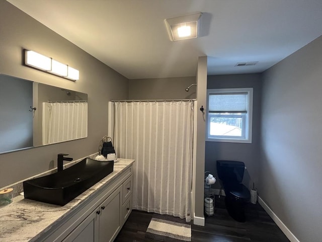 445 Cambridge St, Worcester, MA 01610 - bathroom with vanity, wood finished floors, toilet, baseboards, and a shower with curtain