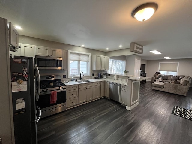 445 Cambridge St, Worcester, MA 01610 - kitchen featuring appliances with stainless steel finishes, a sink, a peninsula, open floor plan, and dark wood finished floors