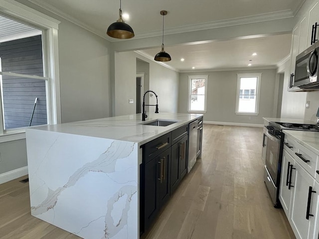 kitchen with appliances with stainless steel finishes, light wood-type flooring, sink, pendant lighting, and a center island with sink