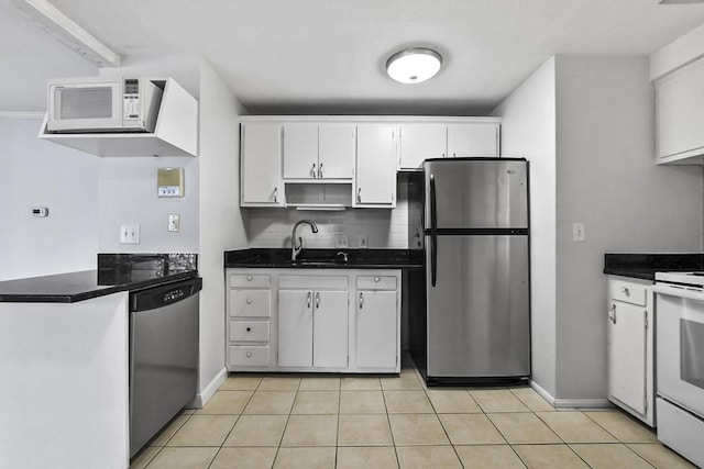 kitchen with appliances with stainless steel finishes, dark countertops, a sink, and white cabinetry