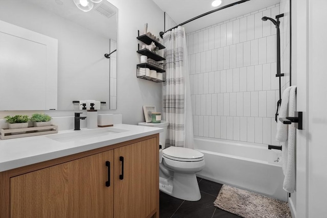 full bathroom with tile patterned flooring, vanity, toilet, and shower / bathtub combination with curtain