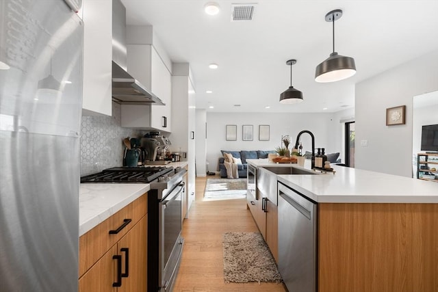 kitchen featuring a kitchen island with sink, white cabinets, sink, hanging light fixtures, and appliances with stainless steel finishes