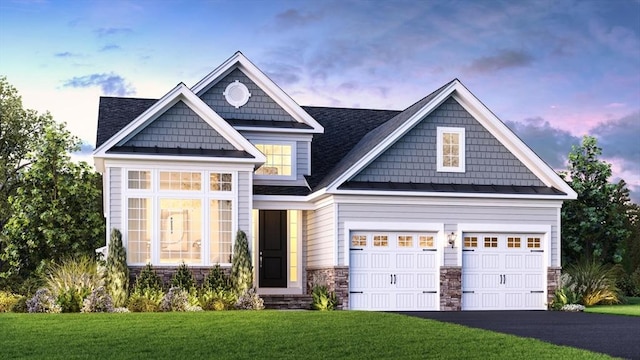 28 Juniper Ln Unit 63, Tyngsborough, MA 01879 - craftsman inspired home featuring stone siding, a front yard, asphalt driveway, a standing seam roof, and metal roof
