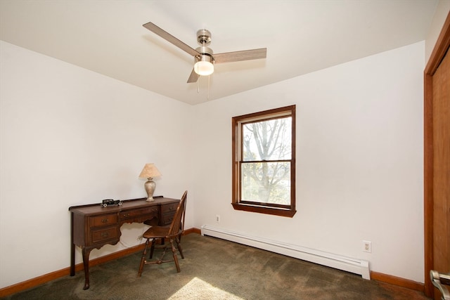 office with a baseboard heating unit, carpet flooring, and ceiling fan